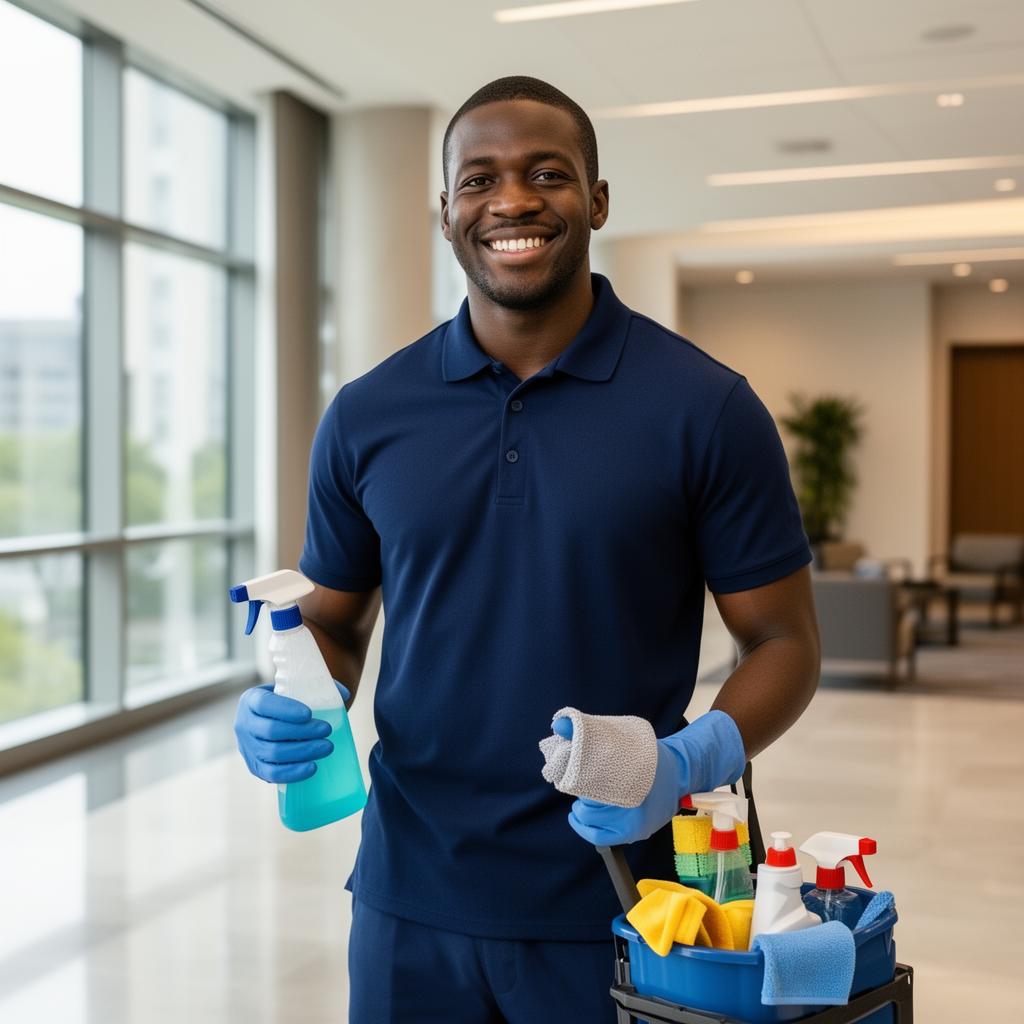 Totally Invested cleaning team member in a Nashville office